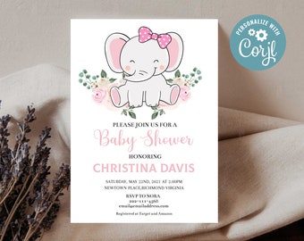 Elephant Baby Shower Invitation Girl, Editable Elephant Baby Shower Invite, Elephant Baby Shower invitation, Pink Elephant Shower Invitation