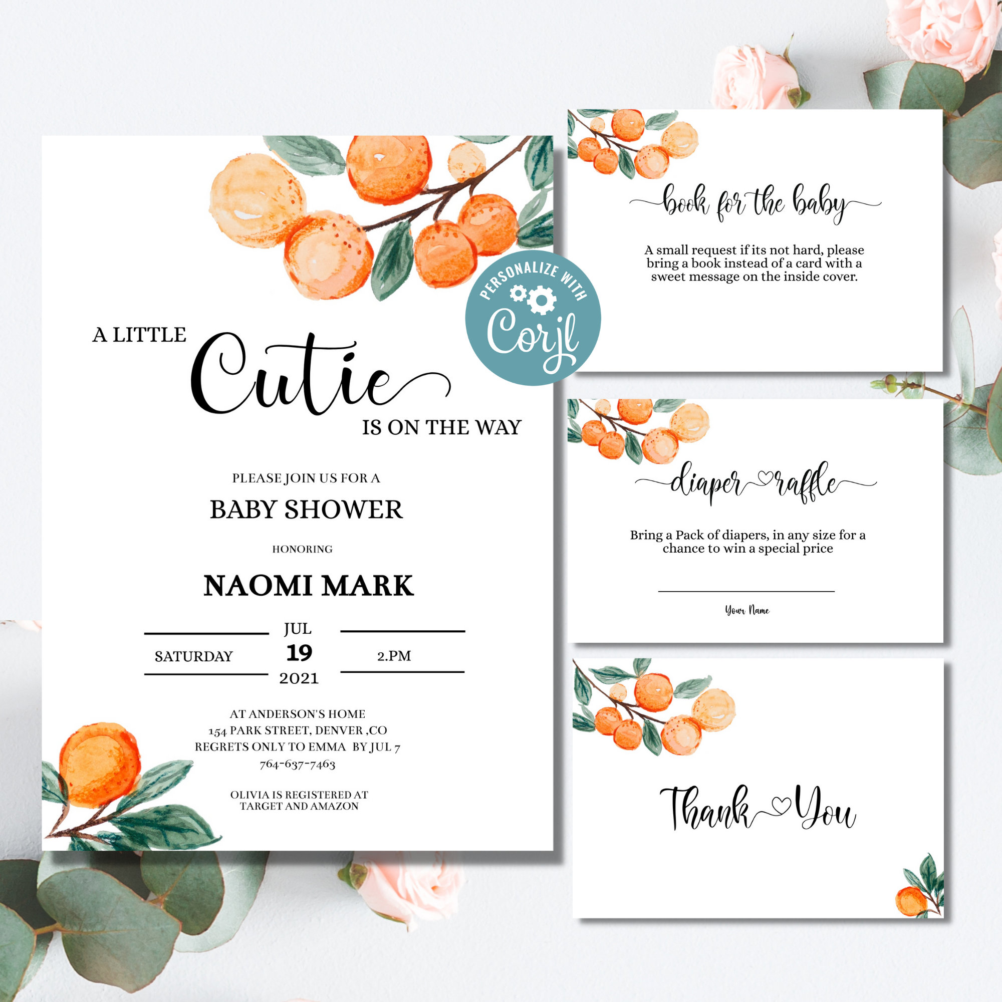 Little Cutie Baby Shower Invitation Bundle Editable a Little Cutie Is on the Way GenderNeutral Invite Digital Invitation