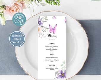 Butterfly Baby Shower Menu Template, Baby Shower Menu Card,  ButterflyShower Invitation,  Instant Download, Editable Template