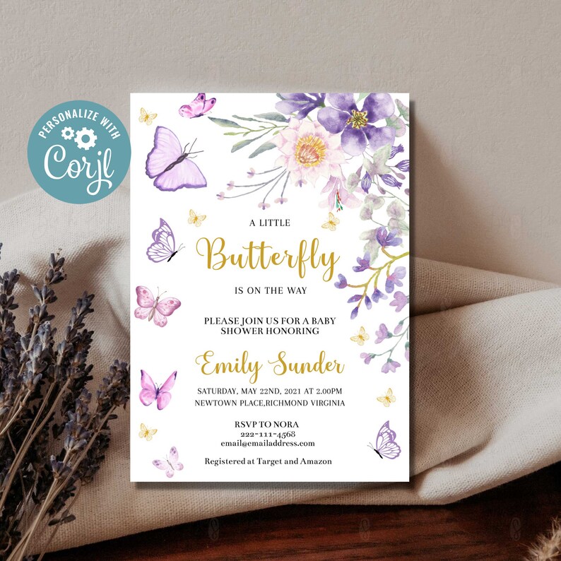 EDITABLE Butterfly Baby Shower Invitation girl Purple Butterfly baby shower invitation lavender Baby Shower Invitation