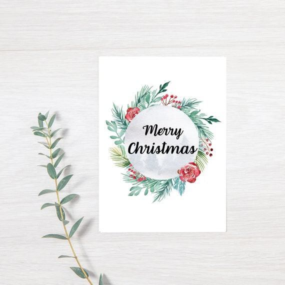 Merry Christmas Card DIGITAL DOWNLOAD Printable , Printable Merry Christmas Card, Merry christmas card,Burgundy Greenery Wreath Il_570xn