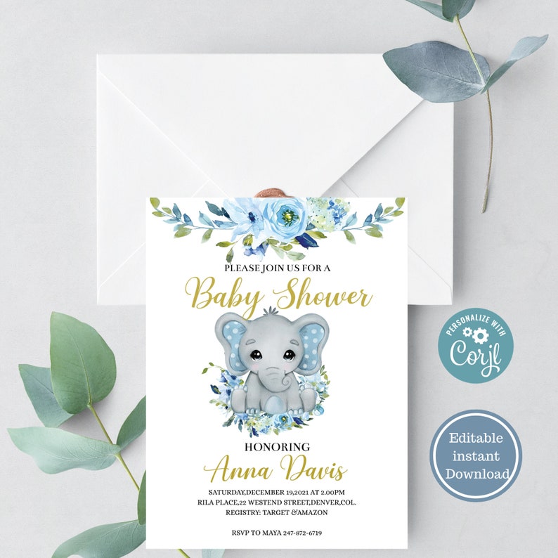 Elephant Baby Shower Invitation, Elephant Baby Shower Invitation Boy