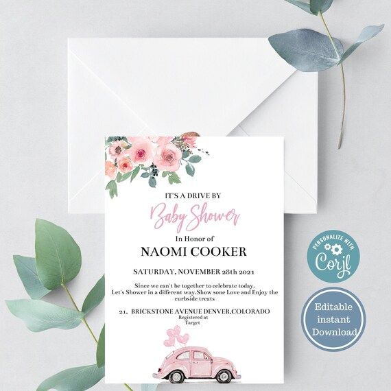 Drive By Baby Shower Invitation, Pink Floral baby shower invitation