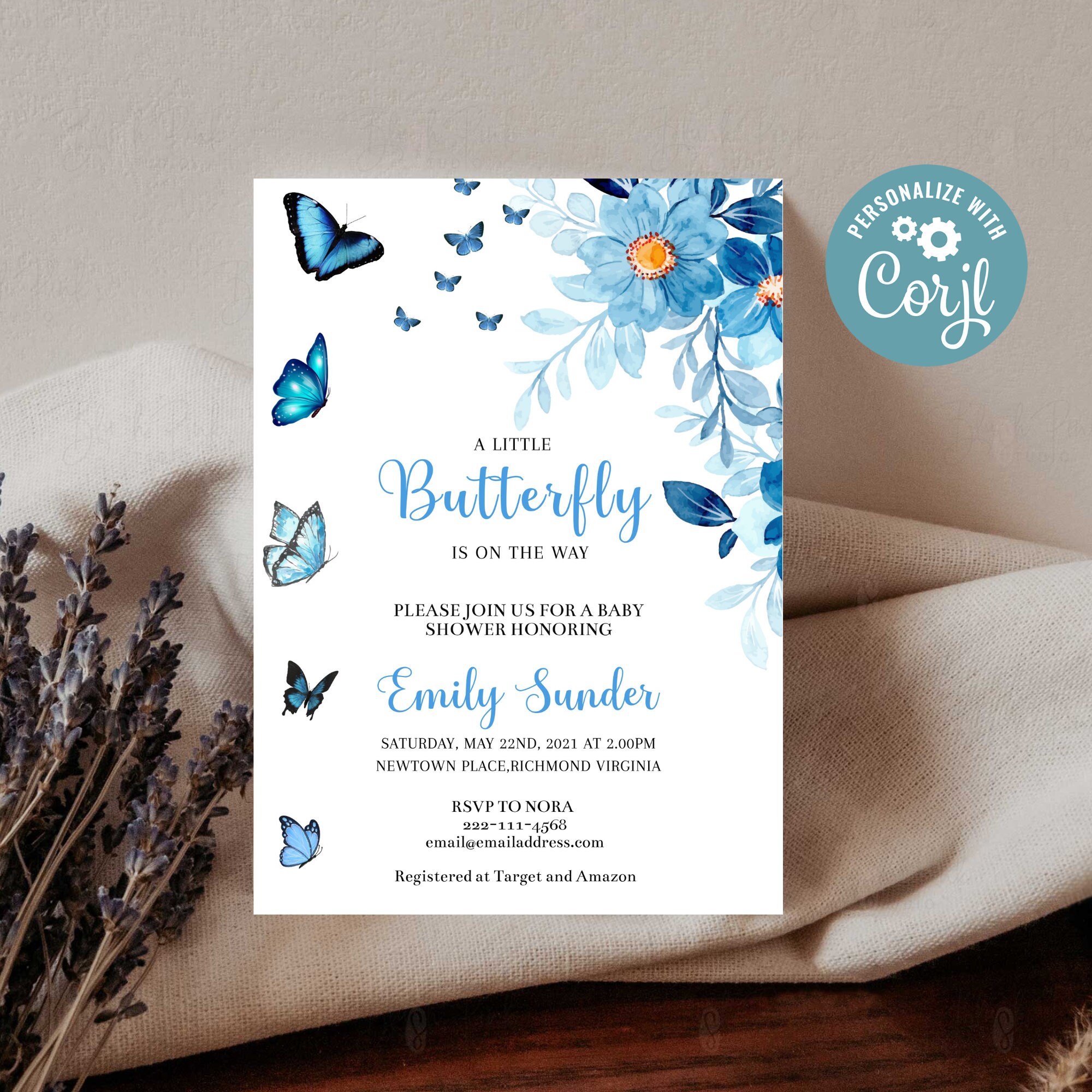 Butterfly Baby Shower Invitation Template, Blue Floral Baby Shower ...