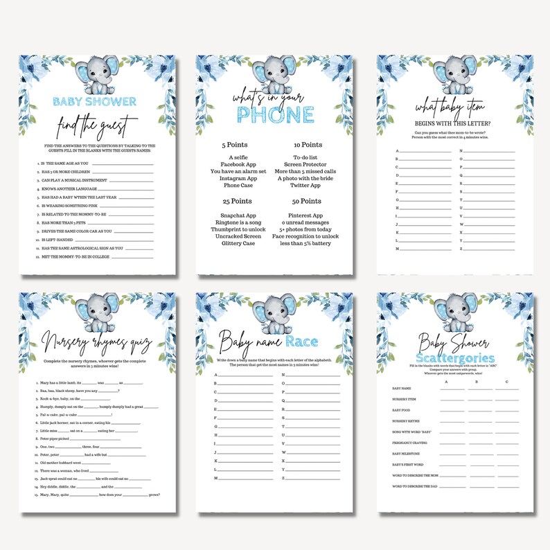 Elephant Baby Shower Games, Blue Elephant Baby Shower Game Bundle, 25 Printable Elephant Baby