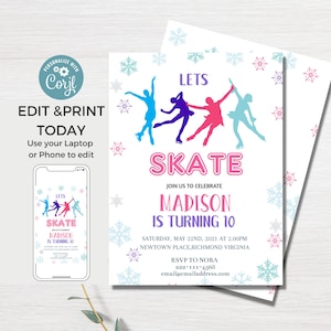 Ice skating birthday invitation, Ice Skate Birthday Invitation, let's skate & celebrate,  girls ice skate party invite, Instant Download