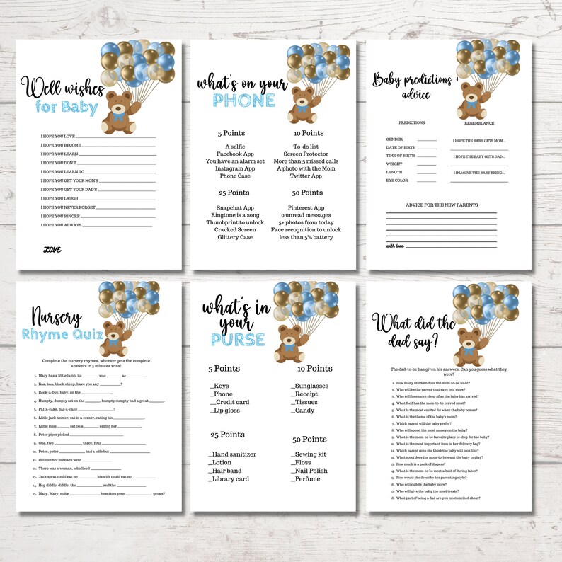 Teddy Bear Baby Shower Games, Boy Baby Shower Game Bundle,bear Baby