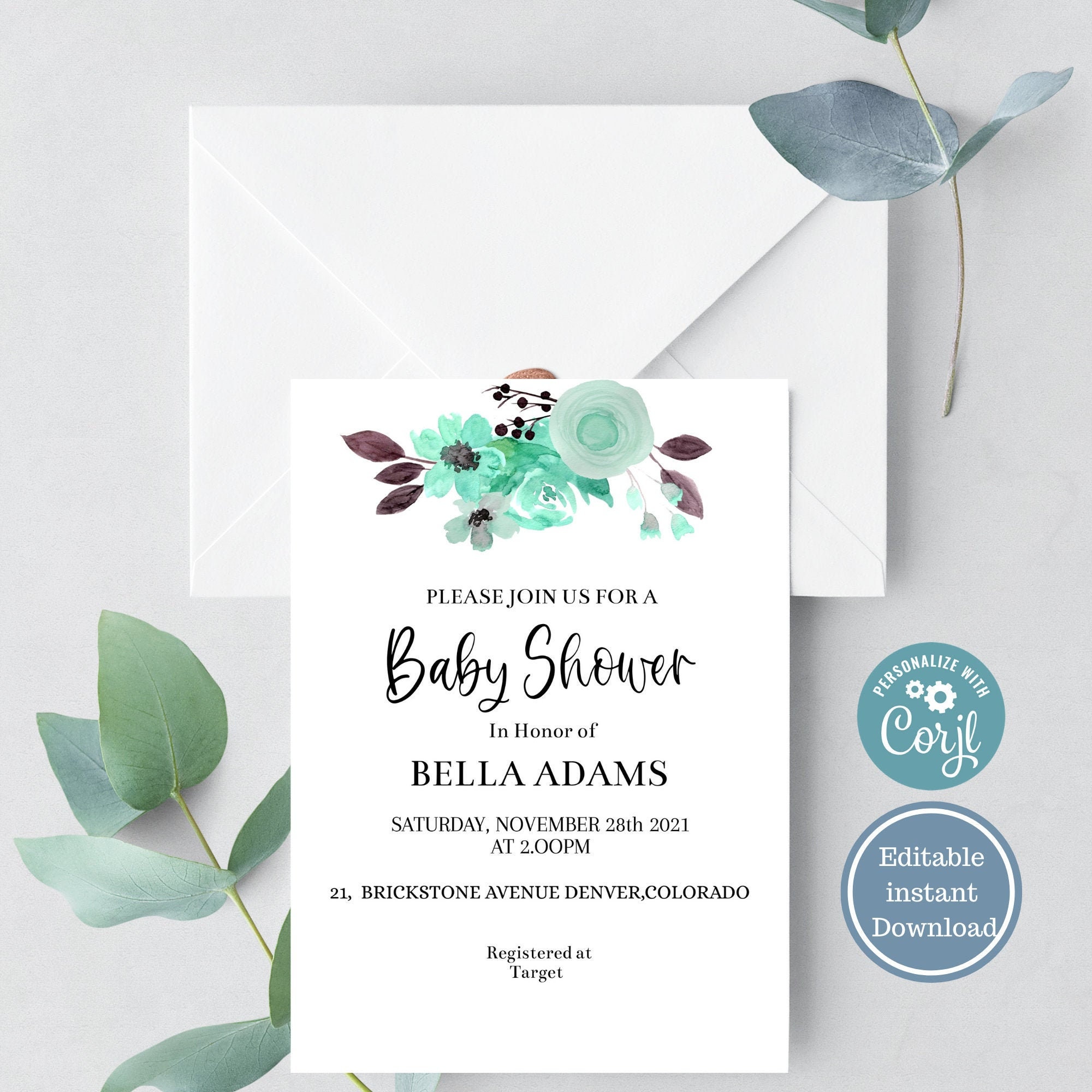 Teal Baby Shower Invitation, Baby Shower Invitation, Gender Neutral