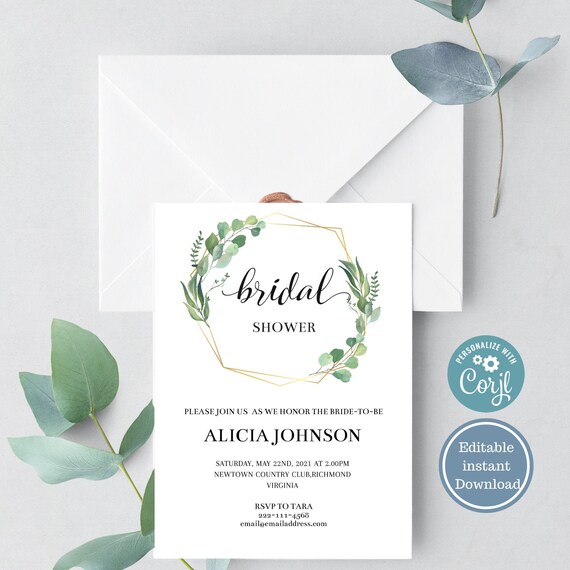 Greenery Bridal Shower invitation, Gold Bridal shower invitation