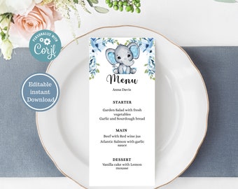 Elephant Baby Shower Menu Template, Baby Shower Menu Card,  Elephant Shower Invitation,  Instant Download, Editable Template, BSO1