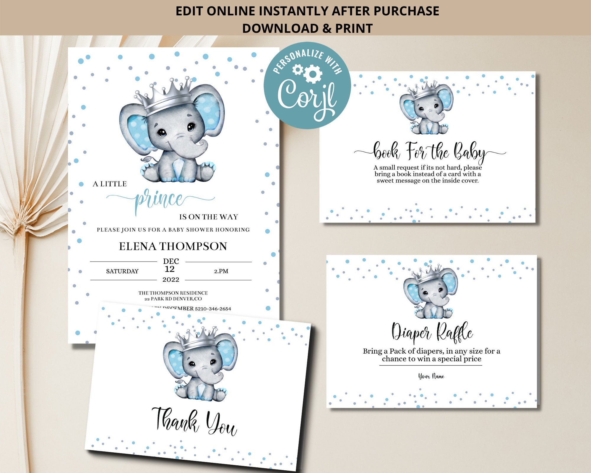 Elephant Baby shower invitation Royal Elephant Shower Invitation Bundle Elephant Boy Baby Shower Invitation set Royal Baby