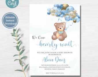 Editable Teddy Bear Baby Shower Invitation, Bear Themed Baby Shower Invite, Printable Bear with Balloons Baby Shower Invitations, Printable