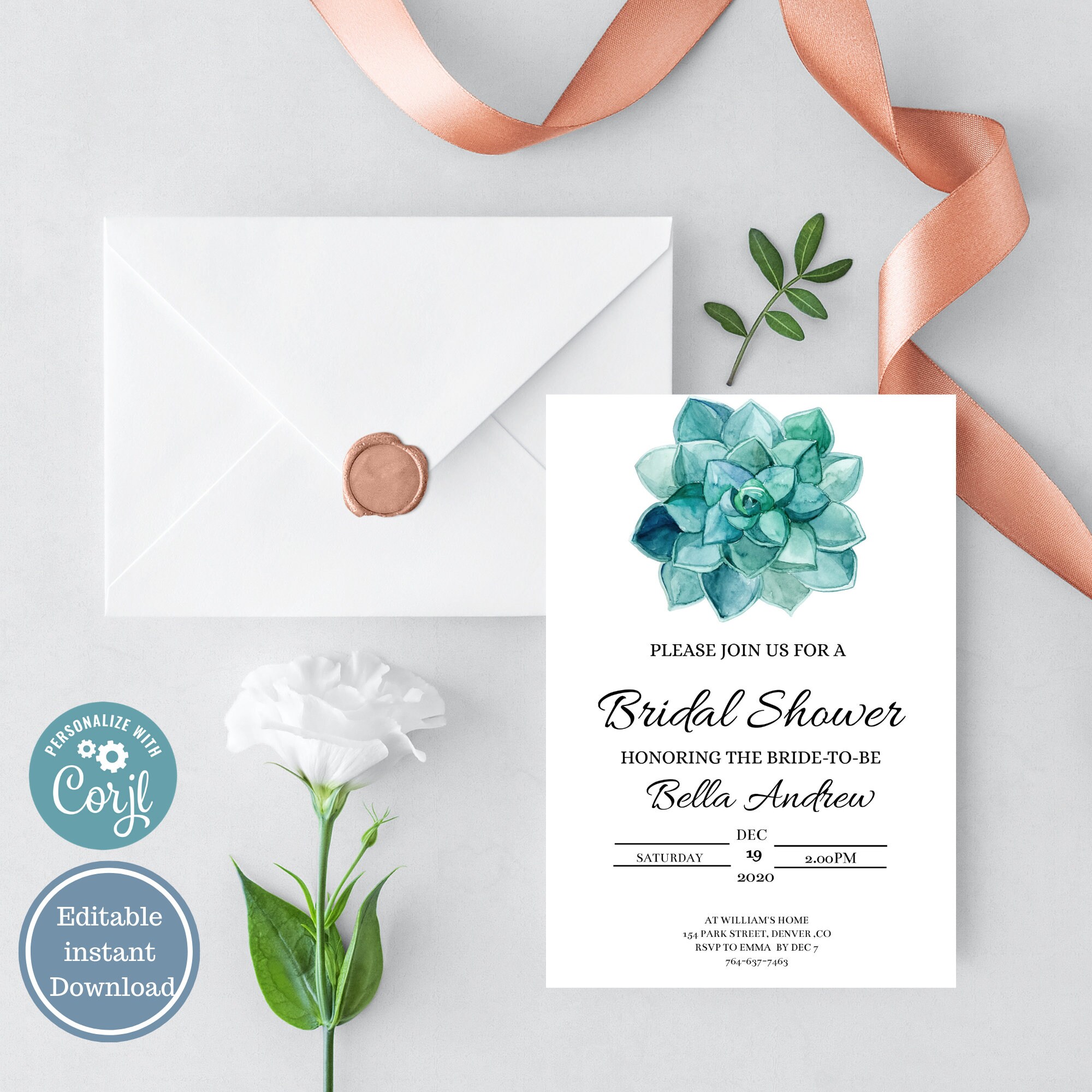 Succulents Bridal Shower Invitation Watercolor Succulent Etsy