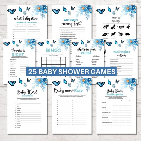Butterfly Baby Shower Games Bundle, Blue Floral Baby Shower Games