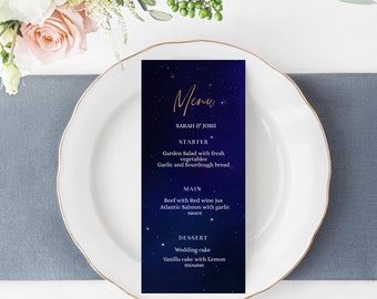 Wedding Menu Card for Celestial Wedding, Menu Card for Starry Night Wedding Invitation, Celestial Wedding Invitation,Navy Blue and Gold, 022