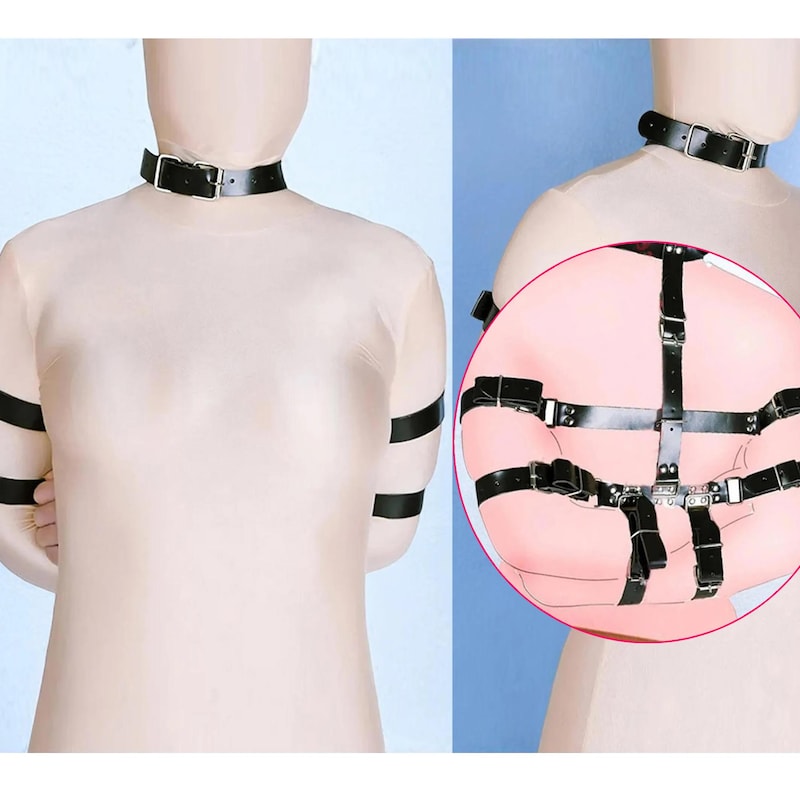 Unisex Black Leather Arm & Neck Heavy Duty Binder Bondage Fetish  - ABNB main image 1