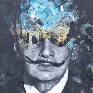 May include: A black and white painting of a man with a moustache. The man's face is obscured by a blue and white abstract design. The painting is signed "Z+H" in the bottom right corner.