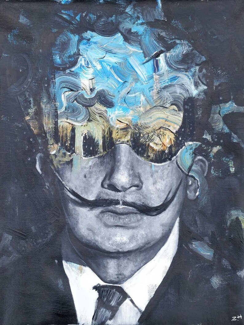 May include: A black and white painting of a man with a moustache. The man's face is obscured by a blue and white abstract design. The painting is signed "Z+H" in the bottom right corner.