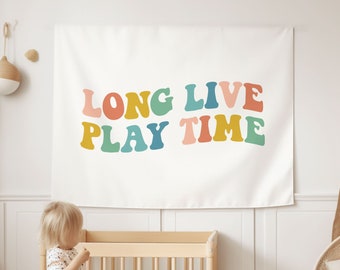 Decorazione da parete per sala giochi, striscione retrò per sala giochi, cartello Boho per cameretta dei bambini, decorazione per cameretta dei bambini, cartello "Lunga vita al tempo di gioco", bandiera retrò per sala giochi, camera da letto per bambini
