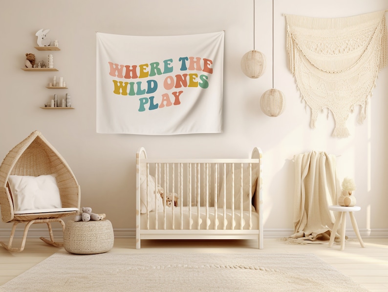 Decorazione da parete per sala giochi, striscione per sala giochi, arazzo boho per cameretta dei bambini, decorazione per cameretta dei bambini, cartello "Dove giocano i selvaggi", bandiera retrò per sala giochi, arte per cameretta dei bambini immagine 3