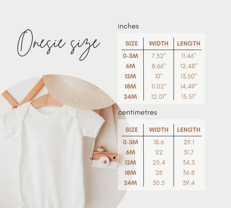 May include: A white onesie on a hanger with a straw hat and a wooden toy camera. The onesie size chart is shown in inches and centimeters.