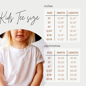 May include: A size chart for kids' tees, showing measurements in inches and centimeters. The chart includes sizes from 2T to 10YR, with corresponding width and length measurements.