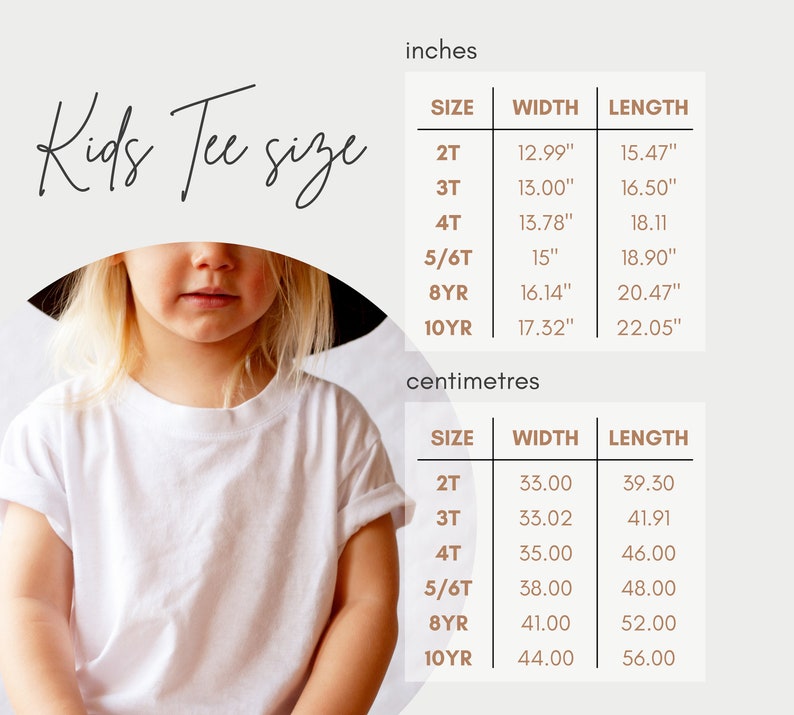 May include: A size chart for kids' tees, showing measurements in inches and centimeters. The chart includes sizes from 2T to 10YR, with corresponding width and length measurements.