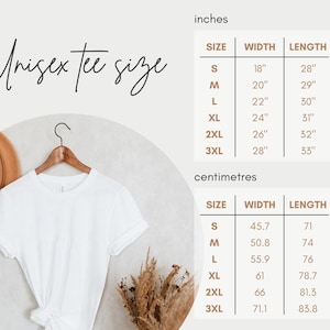 Peut inclure: Tableau des tailles de t-shirt unisexe avec des mesures en pouces et en centim&egrave;tres. Le tableau indique la largeur et la longueur du t-shirt dans diff&eacute;rentes tailles, de S &agrave; 3XL.