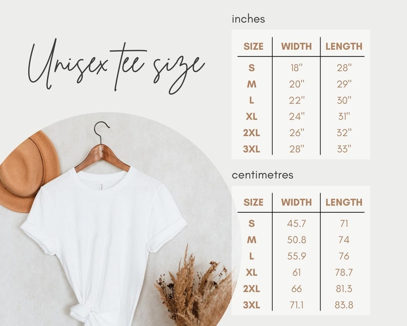 Peut inclure: Tableau des tailles de t-shirt unisexe avec des mesures en pouces et en centim&egrave;tres. Le tableau indique la largeur et la longueur du t-shirt dans diff&eacute;rentes tailles, de S &agrave; 3XL.