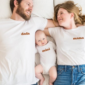 Matching Family Shirts, Matching Shirts For Mom Dad Mini and Babe Mama Dada Tee Mommy And Me, Sibling Tees 70s Boho Pregnancy Announcement