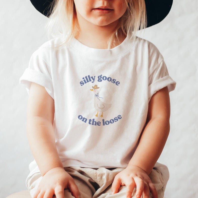 May include: White t-shirt with a blue and white illustration of a goose wearing a cowboy hat and the text "silly goose on the loose".