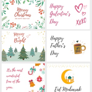 May include: A set of six printable greeting cards featuring various holiday themes. The cards include illustrations of a Christmas tree, a heart, a coffee mug, a crescent moon, and a bell. The text on the cards includes "Merry Christmas", "Happy Galentine's Day", "Happy Father's Day", "Merry & Bright", "It's the most wonderful time of the year", and "Eid Mubarak".