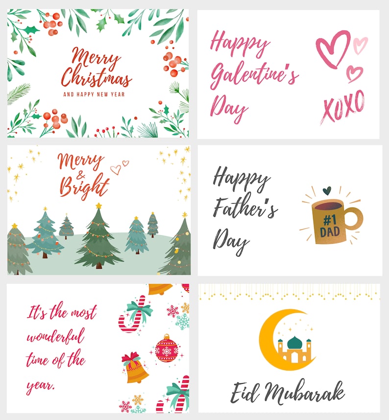 May include: A set of six printable greeting cards featuring various holiday themes. The cards include illustrations of a Christmas tree, a heart, a coffee mug, a crescent moon, and a bell. The text on the cards includes "Merry Christmas", "Happy Galentine's Day", "Happy Father's Day", "Merry & Bright", "It's the most wonderful time of the year", and "Eid Mubarak".