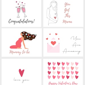 May include: Set of four greeting cards with pink and red hearts, floral illustrations, and text. The cards feature messages such as "Congratulations!" "You Got This Mama" "Mummy to be" and "Happy Valentine's Day".