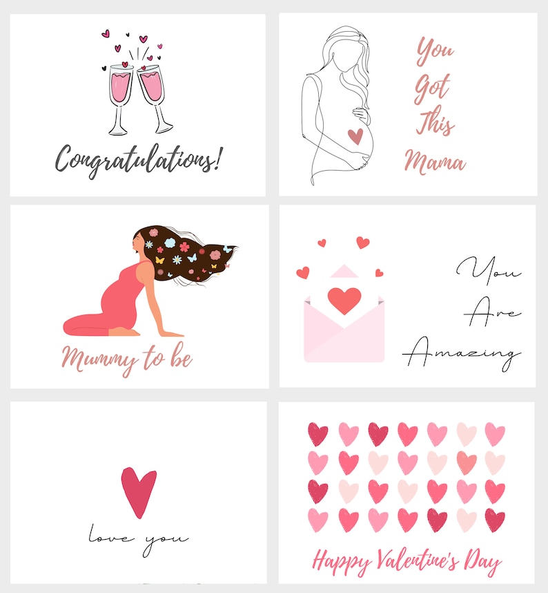 May include: Set of four greeting cards with pink and red hearts, floral illustrations, and text. The cards feature messages such as "Congratulations!" "You Got This Mama" "Mummy to be" and "Happy Valentine's Day".