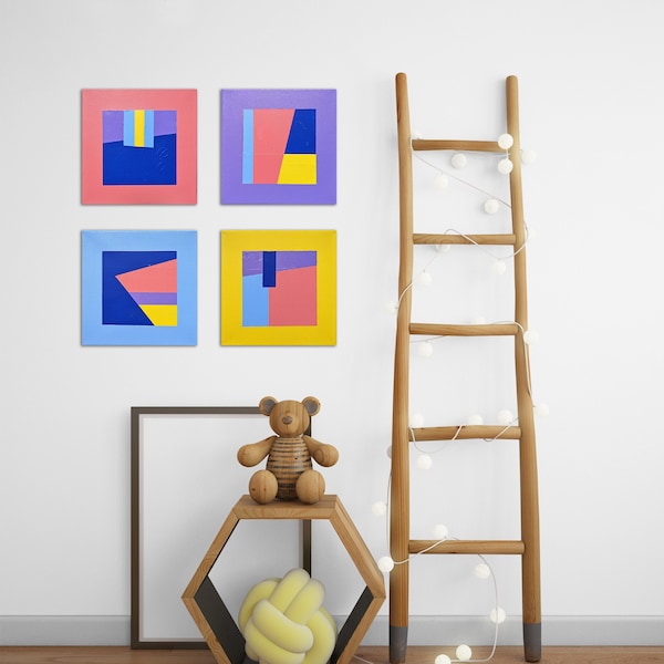 MACARONS - Petites toiles abstraites, Peintures carrées formes géométriques colorées, Mini tableaux fait main, Décoration chambre enfant