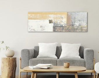 JAPANDI #1 - Large horizontal abstract wall painting - Trendy modern living room decor Japandi - Light colors white, beige, gray and gold