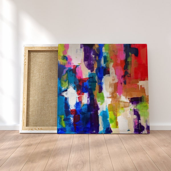 VIVALDI - Tableau abstrait coloré carré carré, Peinture acrylique sur toile fait main, Décoration murale contemporaine salon personnalisable