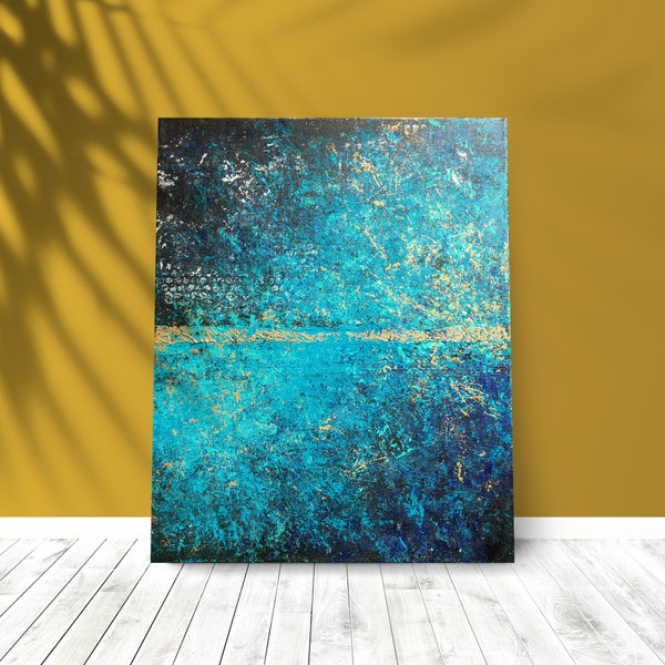 TURQUOISE - Peinture sur toile fait main bleu et or, Tableau abstrait moderne pour décoration murale moderne