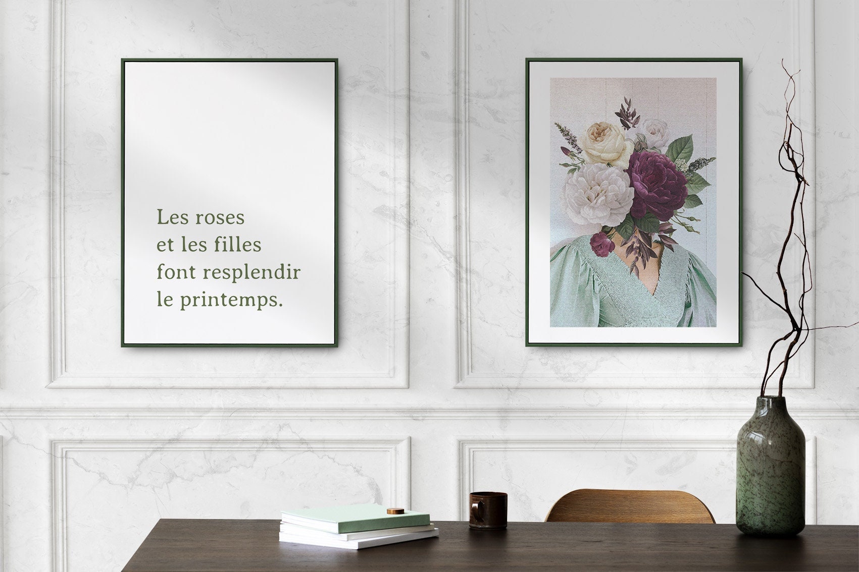 Femme Au Bouquet - Poster Déco Tendance. Art Mural . Création Originale d'illustration Fait Main Des