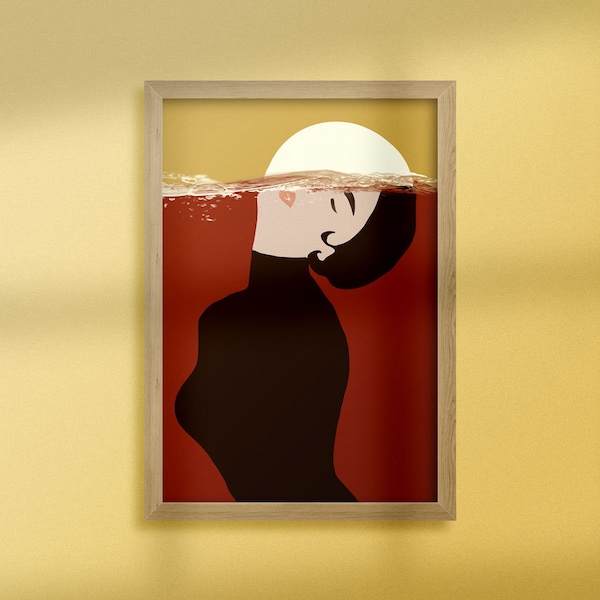 Affiche rouge et or "Déesse du soleil", Poster art mural portrait femme pour décoration chambre ou salon 20X30cm