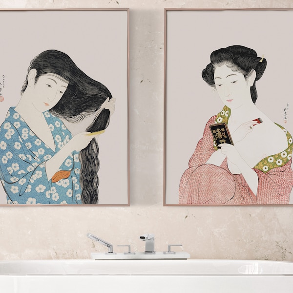 2 Affiches vintage Estampes japonaises 30x40cm, Posters décoration murale illustration retro femme, salle de bain