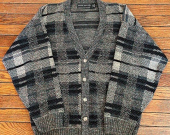 Vintage Grandpa Style Cardigan Sweater Grey Brown Plaid David Taylor Size Medium