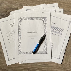 May include: A stack of blank journal pages with a decorative border and the text "This Journal Belongs to:"  A blue pen is lying on top of the pages. The top page has the text "Welcome!" and a welcome message.