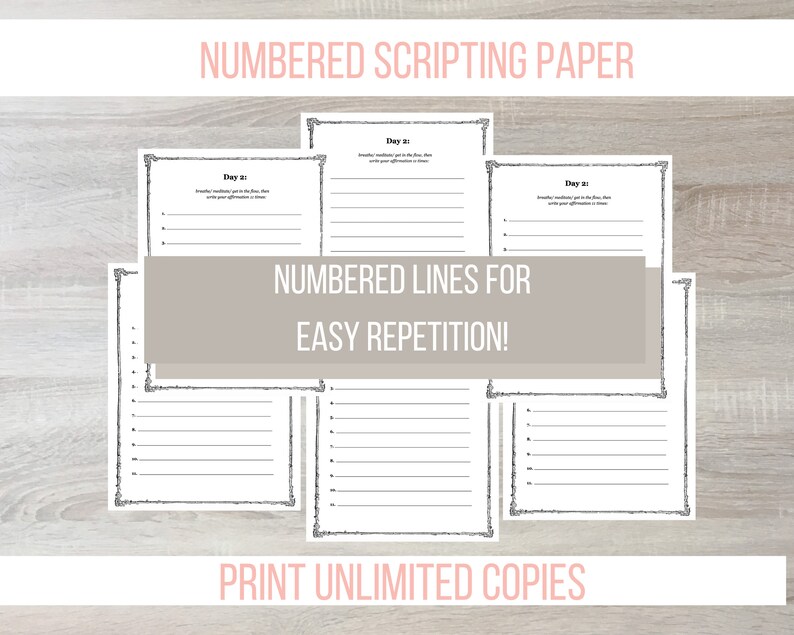 May include: Printable numbered scripting paper with the text "NUMBERED LINES FOR EASY REPETITION!" and "PRINT UNLIMITED COPIES".