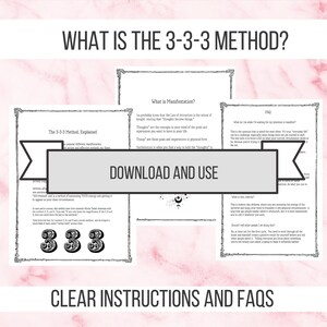 May include: A digital illustration of a guide to the 3-3-3 method of manifestation. The image features a black and white illustration of the number 333 with a white ribbon banner that says "The 3-3-3 Method, Explained". The image also includes a white ribbon banner that says "DOWNLOAD AND USE".