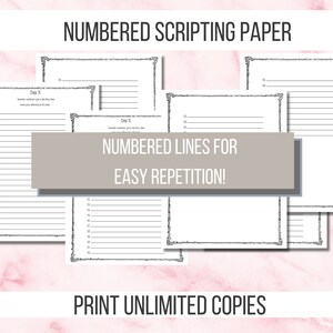 May include: Printable numbered scripting paper with a decorative border. The paper is designed for easy repetition and includes the text "NUMBERED LINES FOR EASY REPETITION!" and "PRINT UNLIMITED COPIES".