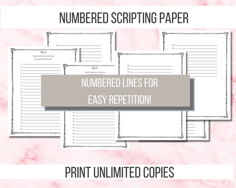 May include: Printable numbered scripting paper with a decorative border. The paper is designed for easy repetition and includes the text "NUMBERED LINES FOR EASY REPETITION!" and "PRINT UNLIMITED COPIES".