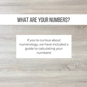 May include: A white text box on a woodgrain background with the text "WHAT ARE YOUR NUMBERS?" and a smaller white text box below with the text "If you're curious about numerology, we have included a guide to calculating your numbers!"