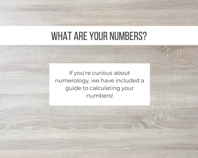 May include: A white text box on a woodgrain background with the text "WHAT ARE YOUR NUMBERS?" and a smaller white text box below with the text "If you're curious about numerology, we have included a guide to calculating your numbers!"